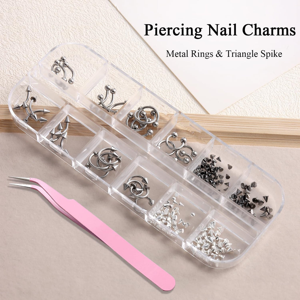 Piercing Nail Charms Set, 3D Silver Alloy Goth Punk Nail Art Decorations, Triangle Spike Rivets & Metal Rings, Y2K Pierced Nail Charms for DIY Manicure & Salon Accessories