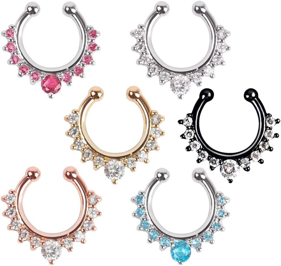 6Pcs Fake Septum Clicker Nose Ring Rhinestone Non Piercing Hanger Clip Body Jewelry