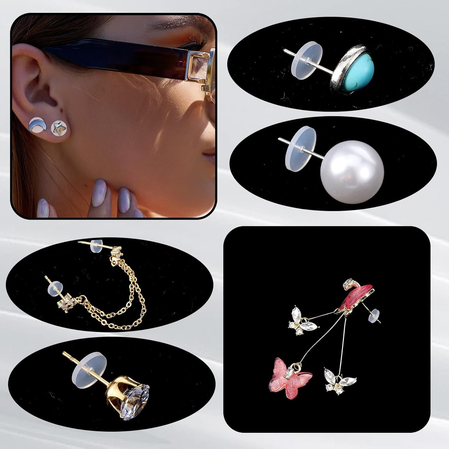120 Pcs Silicone Earring Backs Stoppers for Piercings, 3/5/7/9 Mm Clear Silicone Earrings Backs Disc for Earrings Ear Piercing Discs Earlobe Support Patches for Piercing Bump