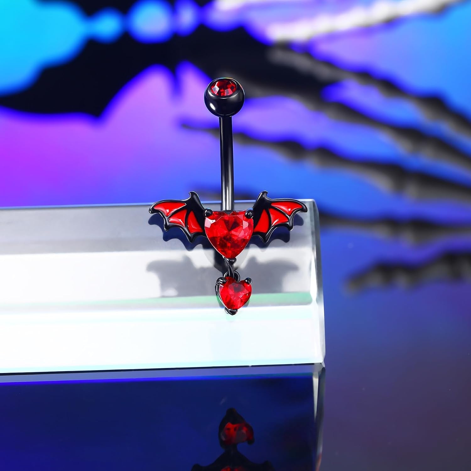 Bat Belly Button Ring Heart CZ Belly Rings 316L Surgical Steel Black Belly Button Piercing Jewelry 14G Dangle Belly Ring for Halloween