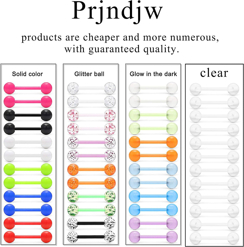 48Pcs 14G 16Mm 14MM Glow in Dark Tongue Nipple Ring Plastic Flexible Acrylic Straight Barbell Body Piercing Jewelry for Women Men Tongue Nippie Piercings