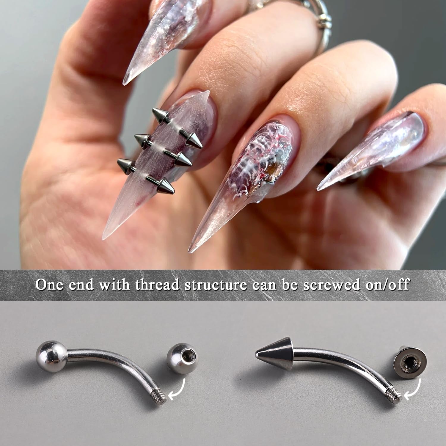 Piercing Nail Charms Set, 3D Silver Alloy Goth Punk Nail Art Decorations, Triangle Spike Rivets & Metal Rings, Y2K Pierced Nail Charms for DIY Manicure & Salon Accessories