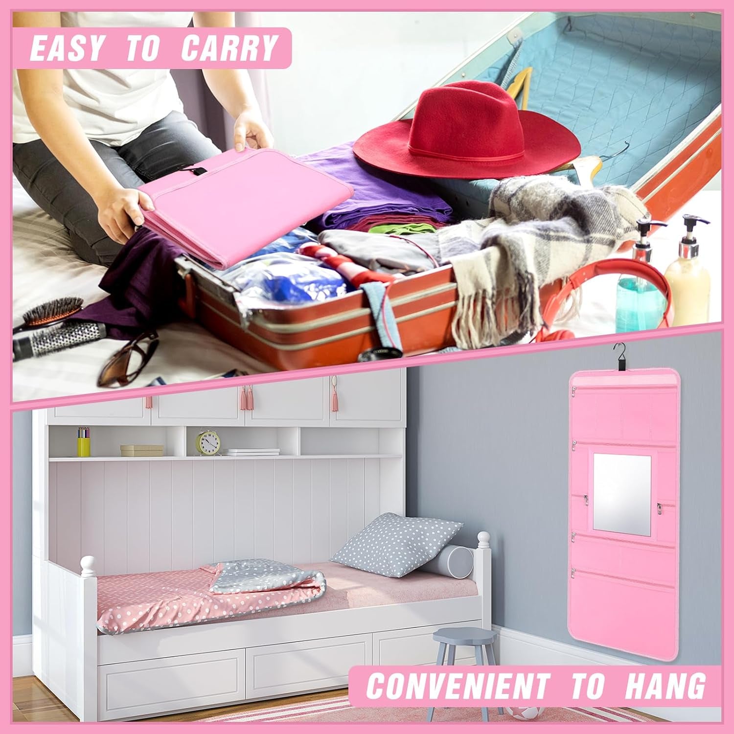Hanging Toiletry Bag with Mirror for Women Hanging Mirror for Dance Bags Travel Large Foldable Dance Bag Organizer Storage Waterproof Cosmetic Case Accessories for Bathroom