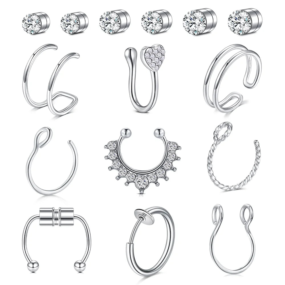 Mixed Shape Septum Hoops Studs Nose Ring, Stainless Steel, 15 Count