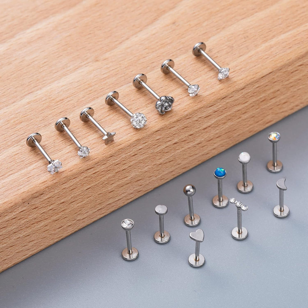 16PCS 16G 18G 20G Stainless Steel Threadless Push in Nose Stud Ring for Women Men Lip Ring CZ Flower Heart Cartilage Helix Earring Piercing Set