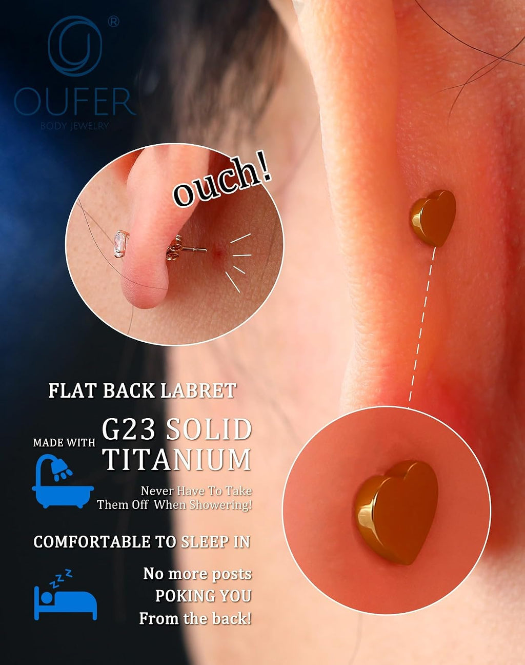 Titanium Internally Thread Cartilage Earring Studs Chain Dangle Helix Piercing Jewelry 16G Clear CZ Flat Back Earring Studs Surgical Steel Helix Tragus Conch Piercing Jewelry