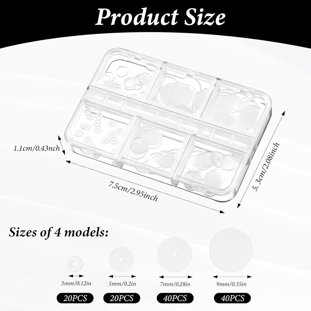 120 Pcs Silicone Earring Backs Stoppers for Piercings, 3/5/7/9 Mm Clear Silicone Earrings Backs Disc for Earrings Ear Piercing Discs Earlobe Support Patches for Piercing Bump