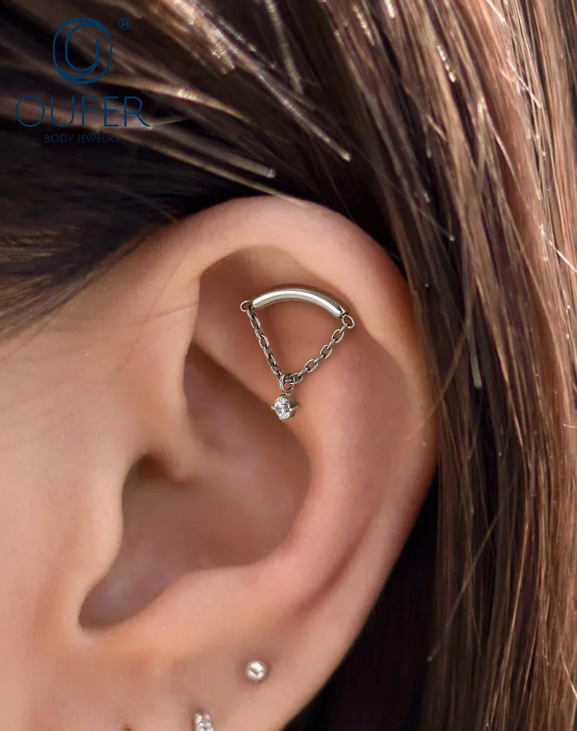 Titanium Internally Thread Cartilage Earring Studs Chain Dangle Helix Piercing Jewelry 16G Clear CZ Flat Back Earring Studs Surgical Steel Helix Tragus Conch Piercing Jewelry