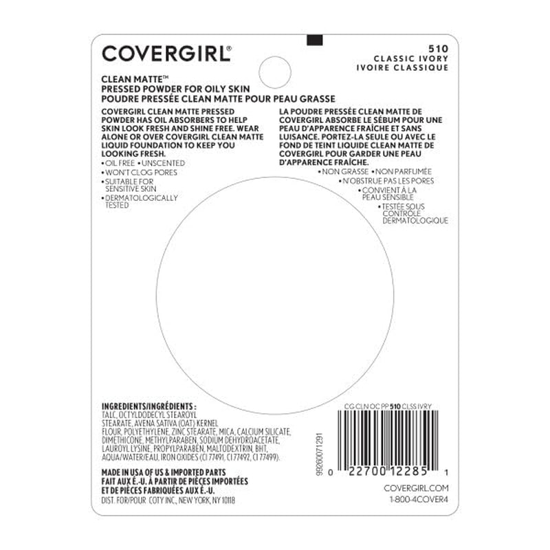 Clean Matte Pressed Powder, Oil Control Powder, 1 Container, .35 Fl Oz, Face Powder, Oil Free Loose Powder, Matte Finish, Lightweight, Shine Free Formula, Leaves Skin Smooth and Clean