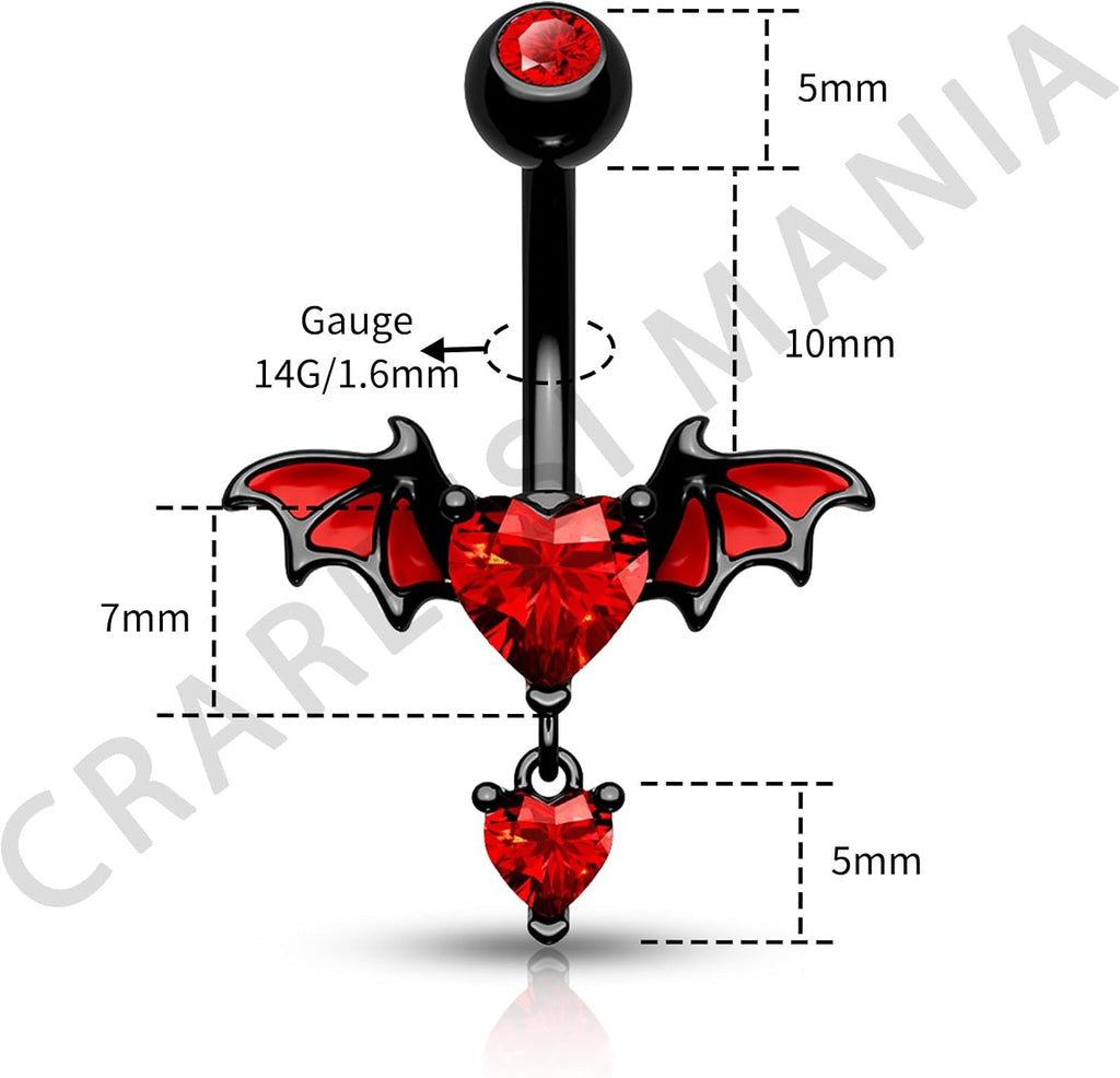 Bat Belly Button Ring Heart CZ Belly Rings 316L Surgical Steel Black Belly Button Piercing Jewelry 14G Dangle Belly Ring for Halloween