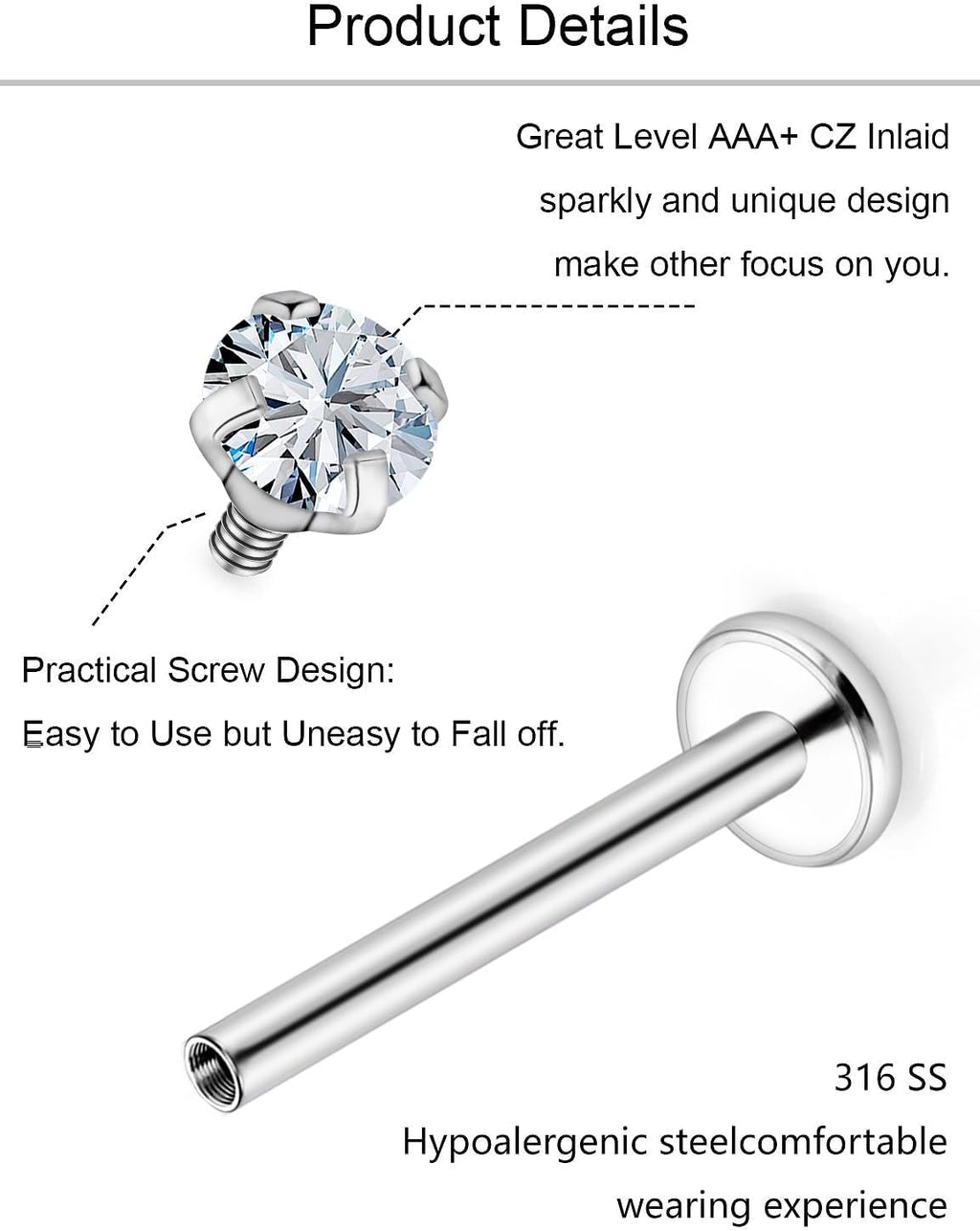 Medusa Piercing Jewelry Stainless Steel Labret Jewelry Monroe Lip Piercings Rings Different Size Tragus Nail Conch Cartilage Helix Earring Stud Bar Length 6Mm 8Mm 10Mm 12Mm