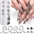 Piercing Nail Charms Set, 3D Silver Alloy Goth Punk Nail Art Decorations, Triangle Spike Rivets & Metal Rings, Y2K Pierced Nail Charms for DIY Manicure & Salon Accessories