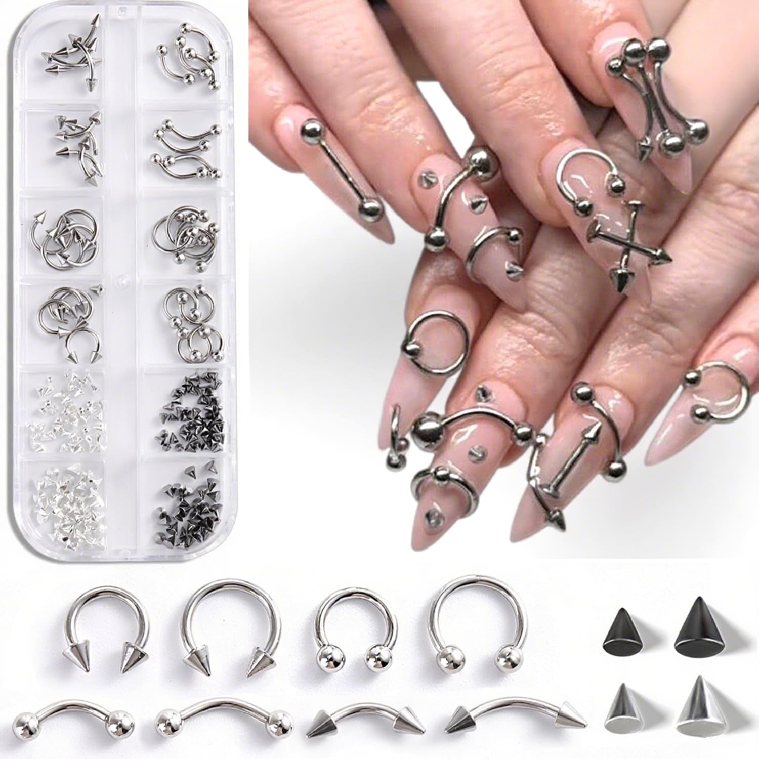 Piercing Nail Charms Set, 3D Silver Alloy Goth Punk Nail Art Decorations, Triangle Spike Rivets & Metal Rings, Y2K Pierced Nail Charms for DIY Manicure & Salon Accessories