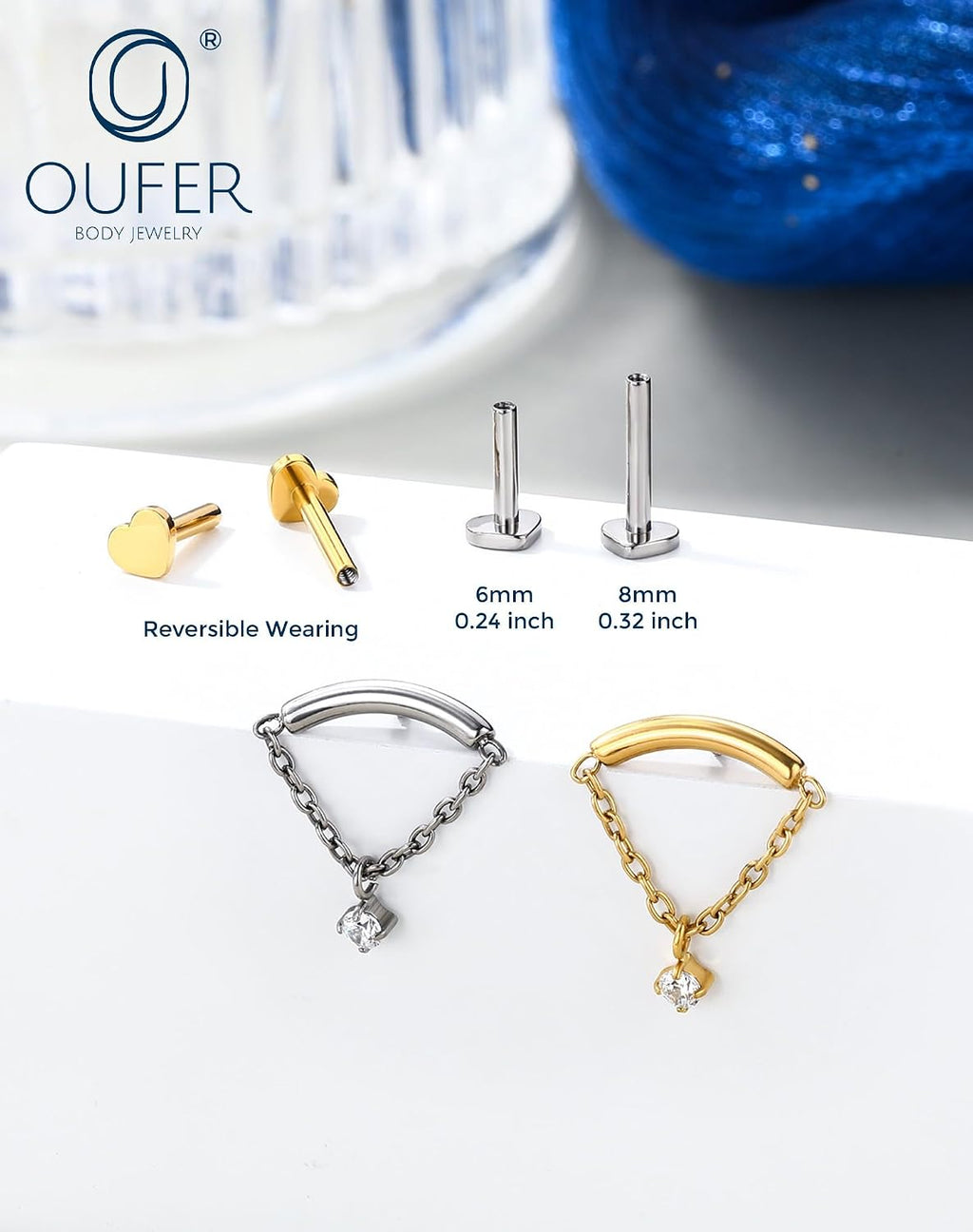 Titanium Internally Thread Cartilage Earring Studs Chain Dangle Helix Piercing Jewelry 16G Clear CZ Flat Back Earring Studs Surgical Steel Helix Tragus Conch Piercing Jewelry