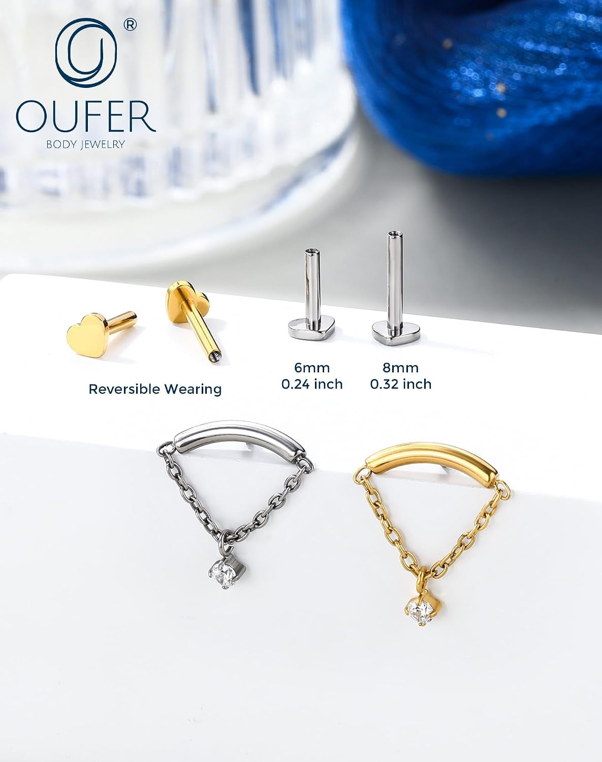 Titanium Internally Thread Cartilage Earring Studs Chain Dangle Helix Piercing Jewelry 16G Clear CZ Flat Back Earring Studs Surgical Steel Helix Tragus Conch Piercing Jewelry