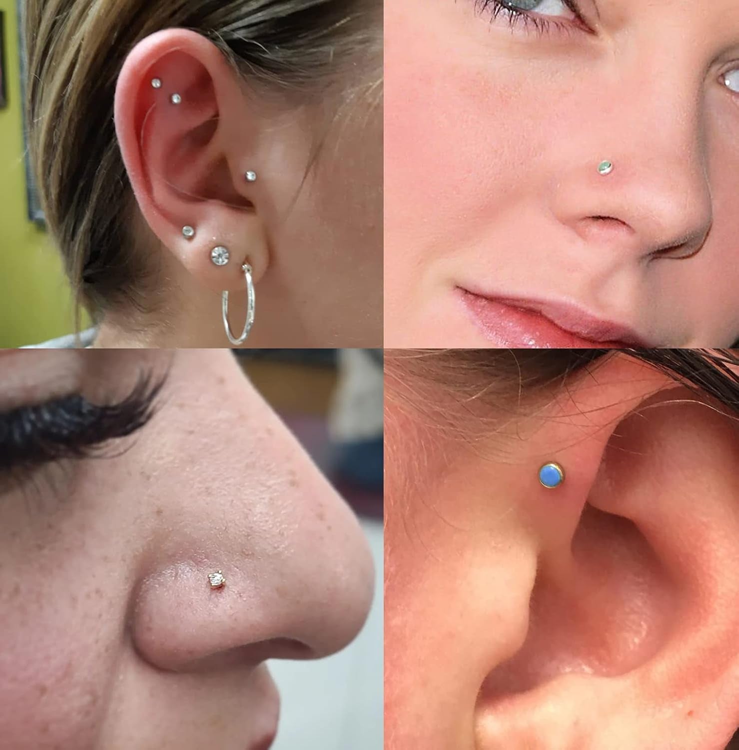 16PCS 16G 18G 20G Stainless Steel Threadless Push in Nose Stud Ring for Women Men Lip Ring CZ Flower Heart Cartilage Helix Earring Piercing Set