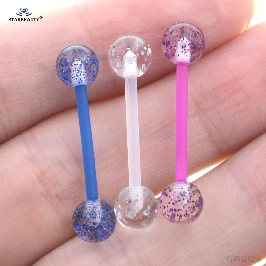 8Pcs/Lot Soft Acrylic Barbell Sexy Tongue Piercing Tongue Rings Flashing Powder Plastic Nipple Ring Ear Body Jewelry