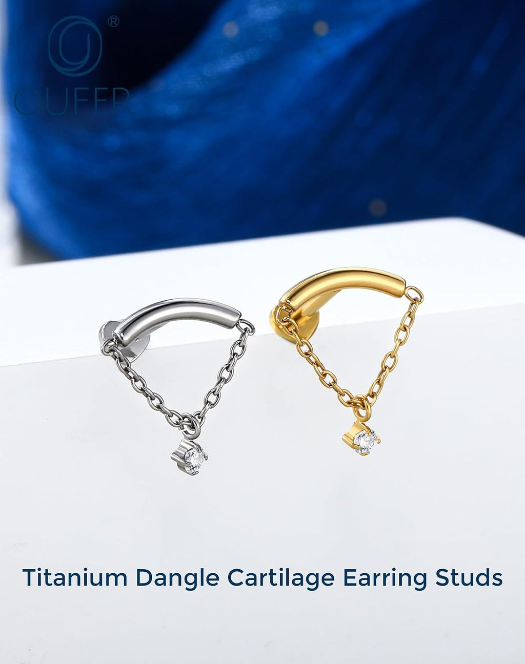 Titanium Internally Thread Cartilage Earring Studs Chain Dangle Helix Piercing Jewelry 16G Clear CZ Flat Back Earring Studs Surgical Steel Helix Tragus Conch Piercing Jewelry