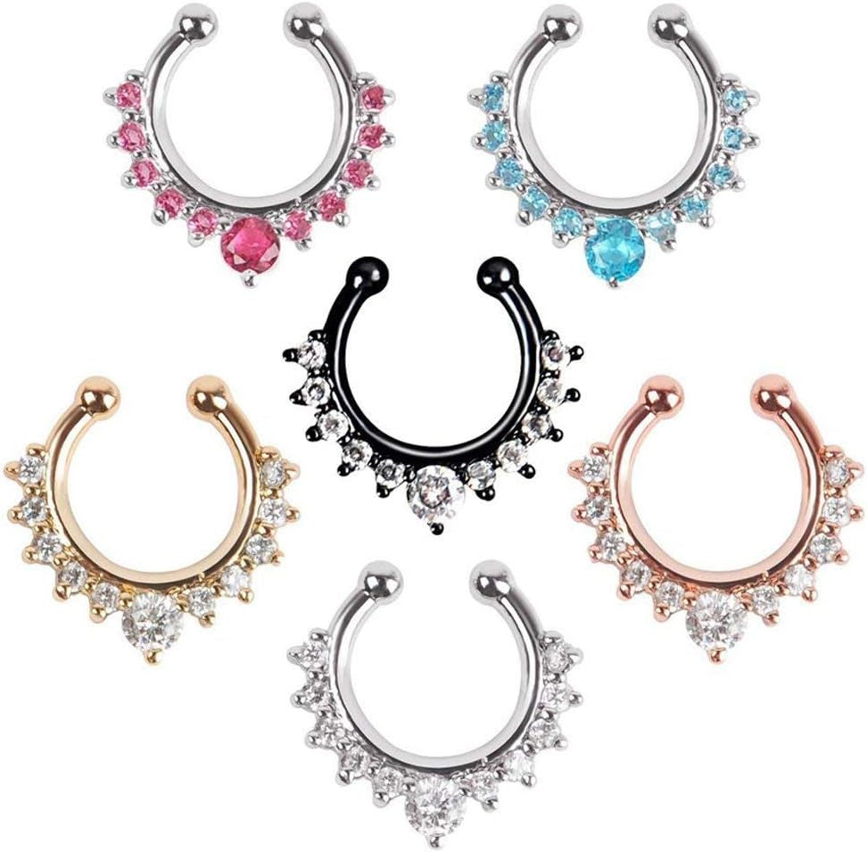 6Pcs Fake Septum Clicker Nose Ring Rhinestone Non Piercing Hanger Clip Body Jewelry