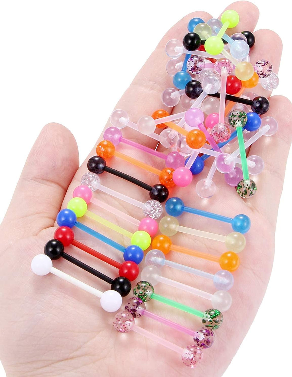 48Pcs 14G 16Mm 14MM Glow in Dark Tongue Nipple Ring Plastic Flexible Acrylic Straight Barbell Body Piercing Jewelry for Women Men Tongue Nippie Piercings