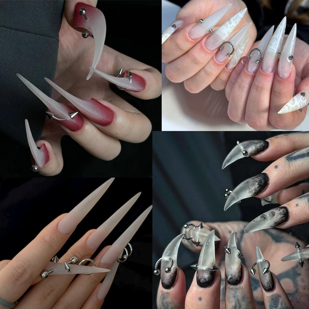 Piercing Nail Charms Set, 3D Silver Alloy Goth Punk Nail Art Decorations, Triangle Spike Rivets & Metal Rings, Y2K Pierced Nail Charms for DIY Manicure & Salon Accessories