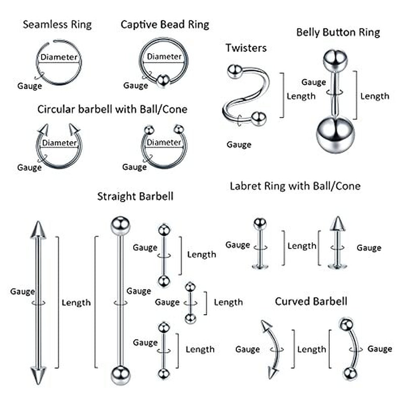 Oveta 150PCS Body Piercing Jewelry Lot 14G 16G 20G Stainless Assorted Styles