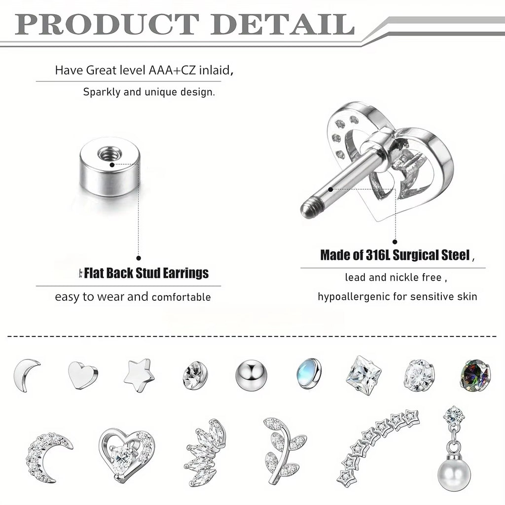 Stainless Steel Cartilage Stud Earrings for Women Opal Star Pearl Earring Studs Flower Studs Ear Piercing Jewelry