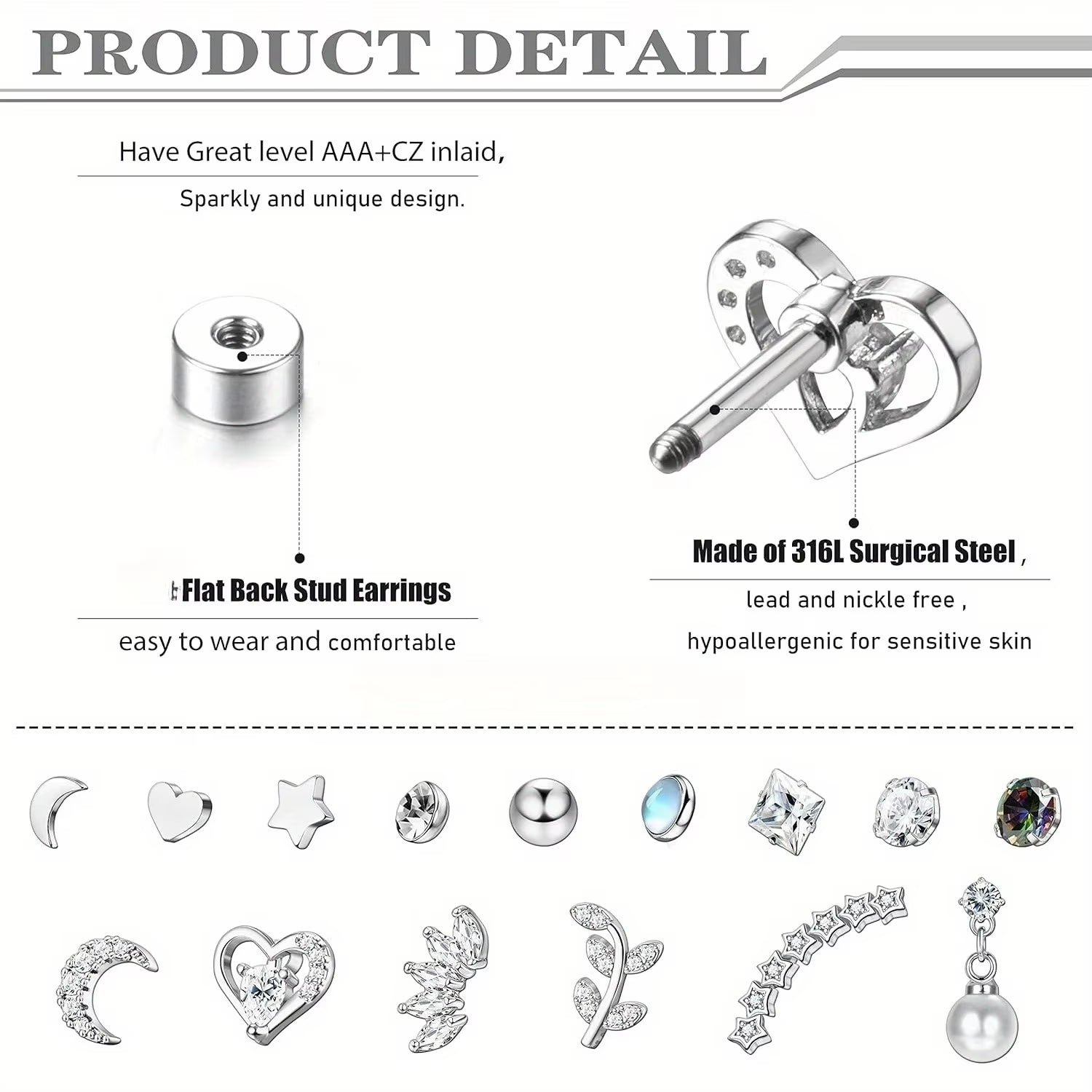 Stainless Steel Cartilage Stud Earrings for Women Opal Star Pearl Earring Studs Flower Studs Ear Piercing Jewelry
