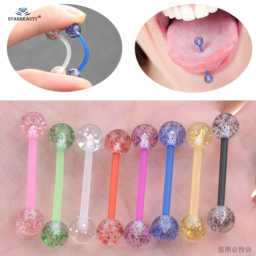 8Pcs/Lot Soft Acrylic Barbell Sexy Tongue Piercing Tongue Rings Flashing Powder Plastic Nipple Ring Ear Body Jewelry