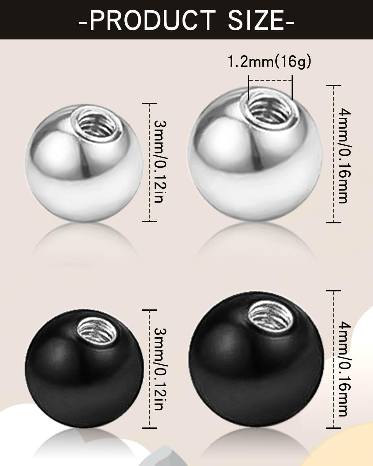 24Pcs 16G Replacement Piercing Balls Externally Threaded Surgical Steel Ball for Piercing Jewelry Industrial Barbell Tongue Nipple Navel Belly Piercing Jewelry Parts for Women Men(3Mm 4Mm)