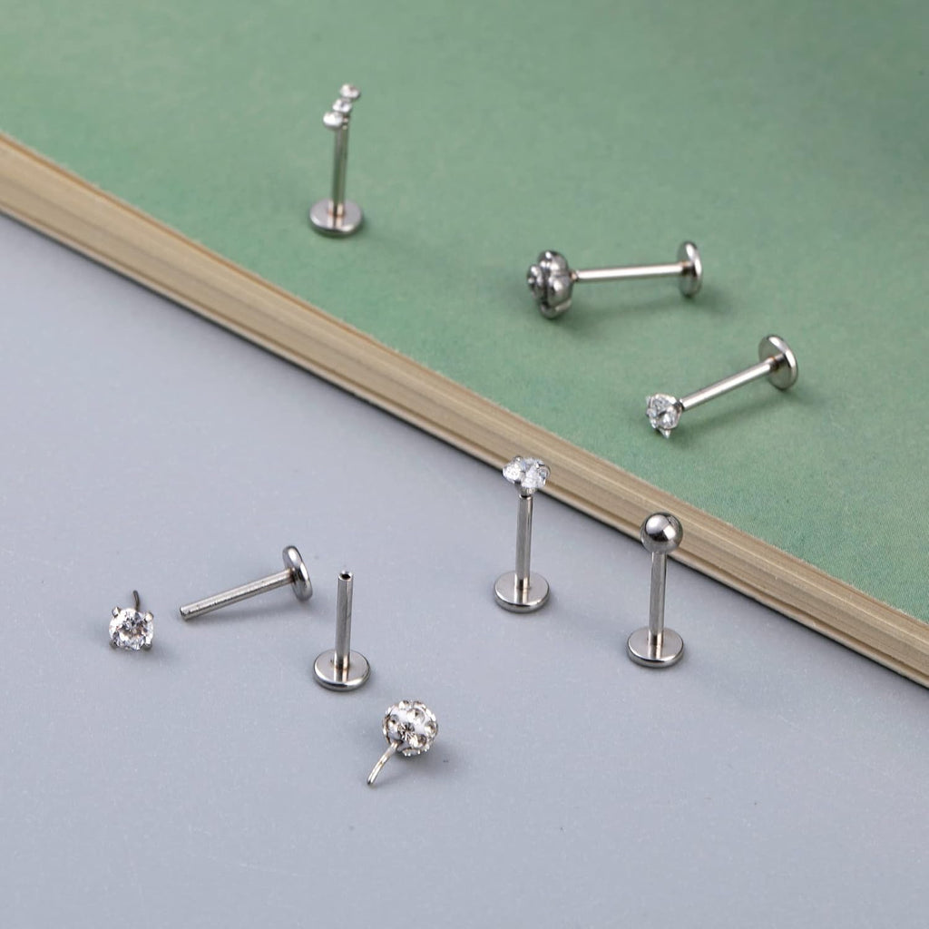 16PCS 16G 18G 20G Stainless Steel Threadless Push in Nose Stud Ring for Women Men Lip Ring CZ Flower Heart Cartilage Helix Earring Piercing Set