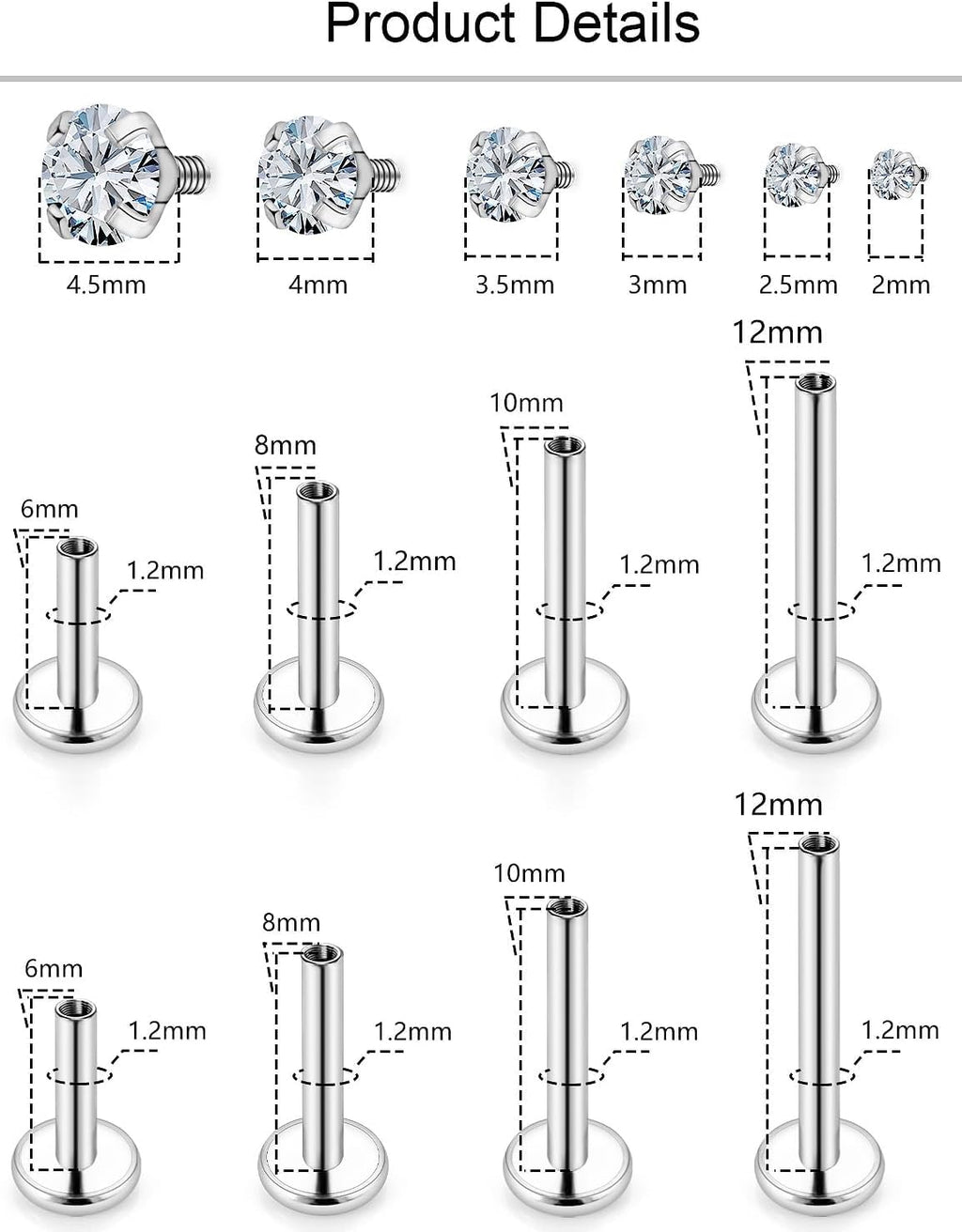 Medusa Piercing Jewelry Stainless Steel Labret Jewelry Monroe Lip Piercings Rings Different Size Tragus Nail Conch Cartilage Helix Earring Stud Bar Length 6Mm 8Mm 10Mm 12Mm