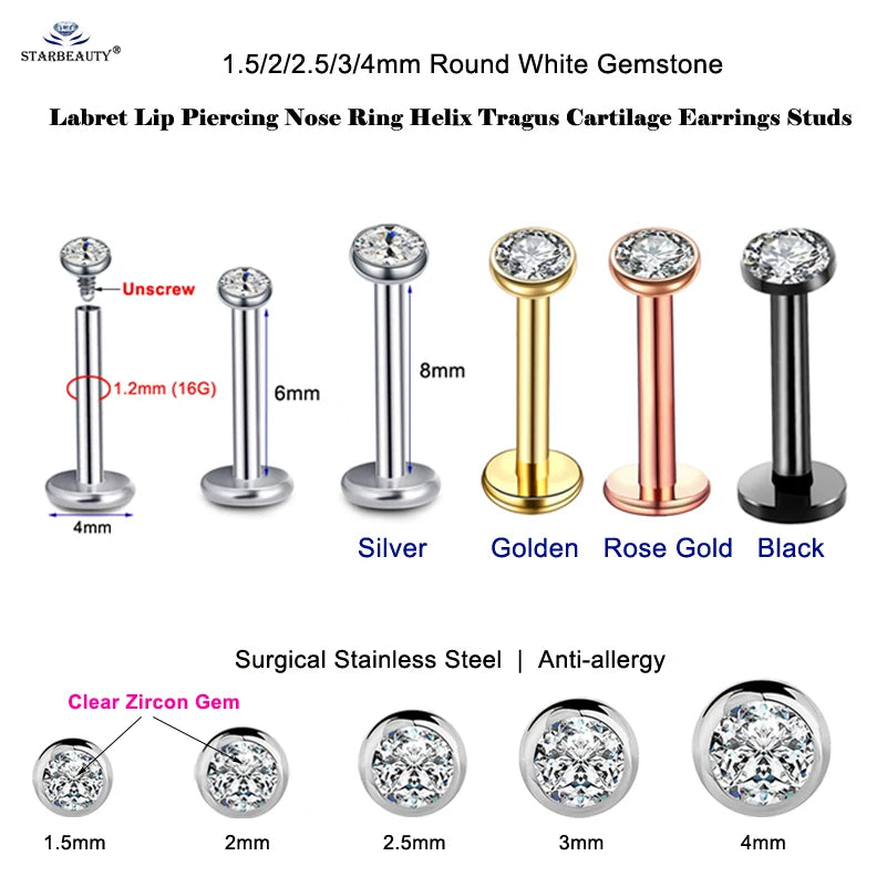 2Pcs 16G 1.5/2/2.5/3/4Mm Gem Nose Piercing Labret Lip Ring Helix Piercing Oreja Tragus Piercing Ear Stud Earrings Body Jewelry