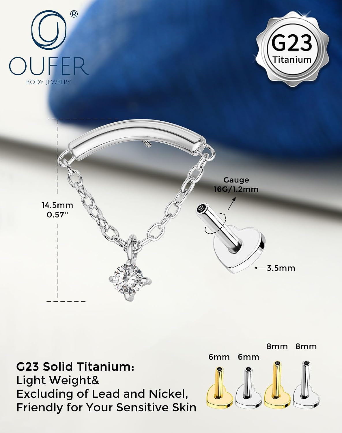 Titanium Internally Thread Cartilage Earring Studs Chain Dangle Helix Piercing Jewelry 16G Clear CZ Flat Back Earring Studs Surgical Steel Helix Tragus Conch Piercing Jewelry