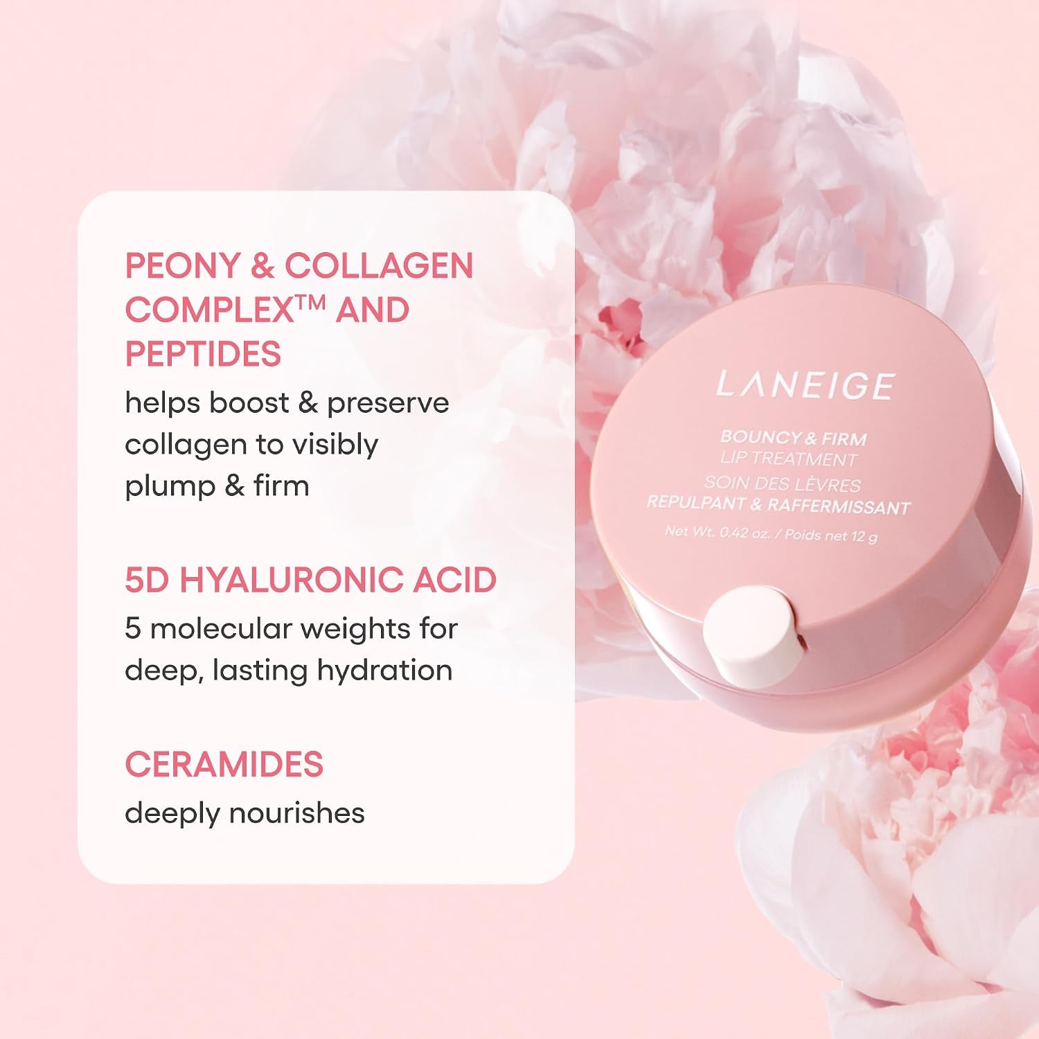 LANEIGE Bouncy & Firm Lip Treatment: Plumping & Firming Lip Care with Peony & Collagen Complex, Ceramide Capsules, & 5D Hyaluronic Acid for Hydration