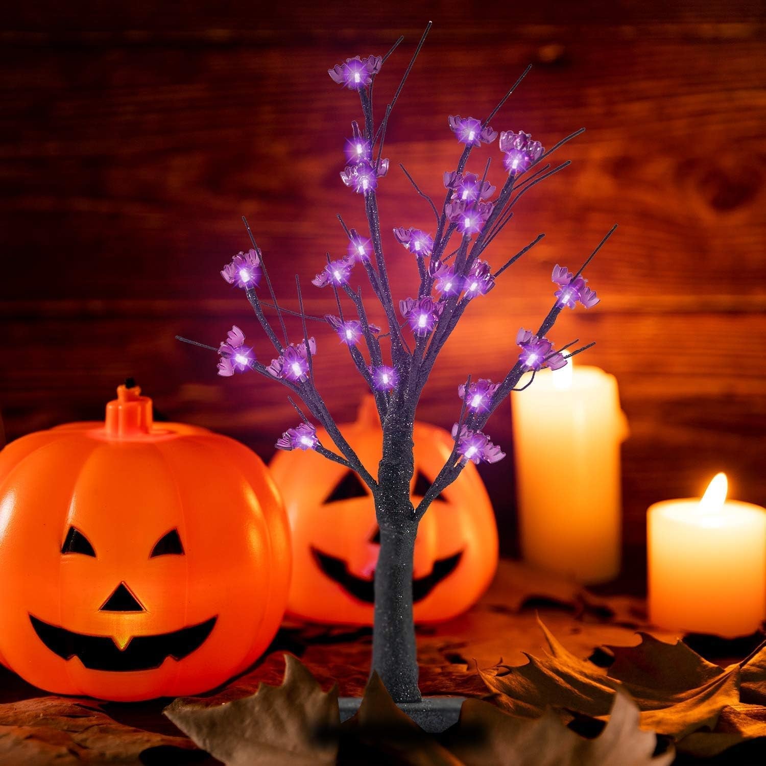 24 LED Lighted Halloween Tree, Battery Operated Birch Tree with 24 DIY Bat, Indoor Home Table Desktop Best Halloween Decorations Gift Package