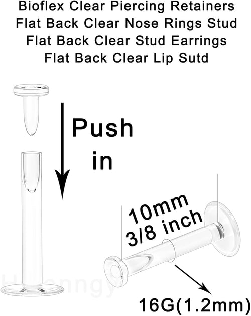 100PCS 16G Clear Earrings for Sports, Work, Surgery - Bioflex Labret Lip Piercing Retainers 10Pc Set - Plastic Clear Piercings Nose Stud for Lip Medusa Monroe 6Mm 8Mm 10Mm