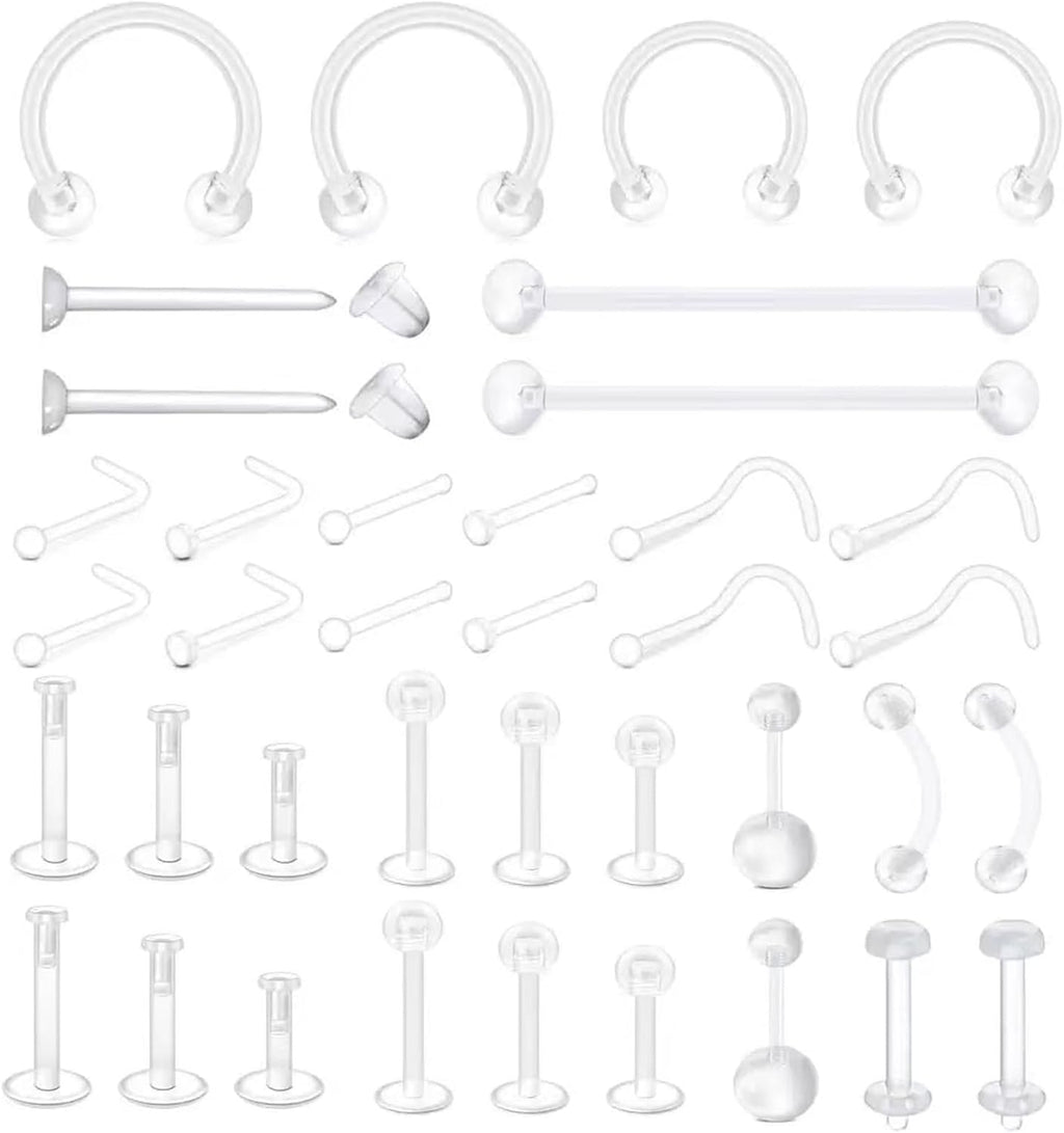 Clear Nose Studs，38Pcs Septum Rings,Piercing Retainers,Clear Earrings,Industrial Piercing Jewelry,Plastic Nose Rings for Surgery,Eyebrow Nipple Piercing Jewelry.