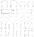 Clear Nose Studs，38Pcs Septum Rings,Piercing Retainers,Clear Earrings,Industrial Piercing Jewelry,Plastic Nose Rings for Surgery,Eyebrow Nipple Piercing Jewelry.
