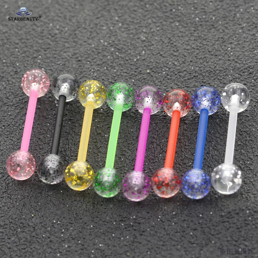 8Pcs/Lot Soft Acrylic Barbell Sexy Tongue Piercing Tongue Rings Flashing Powder Plastic Nipple Ring Ear Body Jewelry