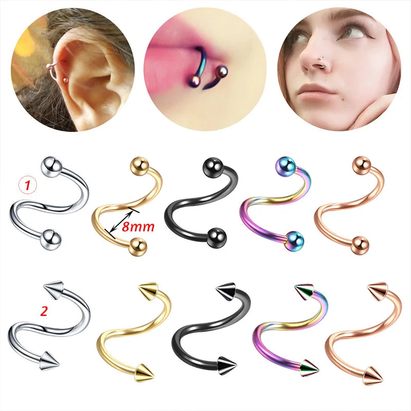 2Pcs 16G Spiral Twisted Ear Helix Cartilage Steel Earrings 16G Labret Piercing Rings Nose Pircing Body Jewelry