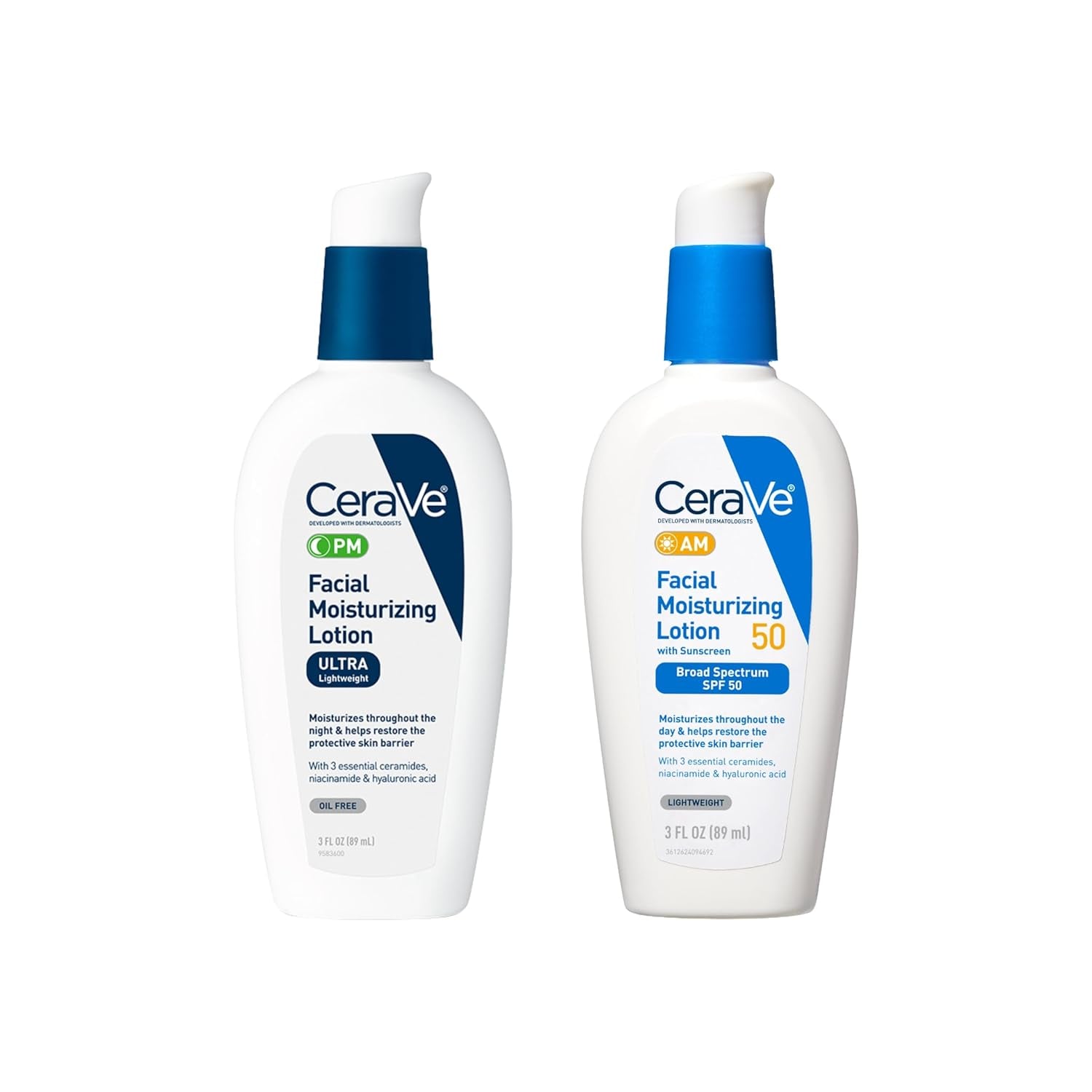 PM Facial Moisturizing Lotion, 3 Ounce + AM Facial Moisturizing Lotion SPF 50, 3 Oz