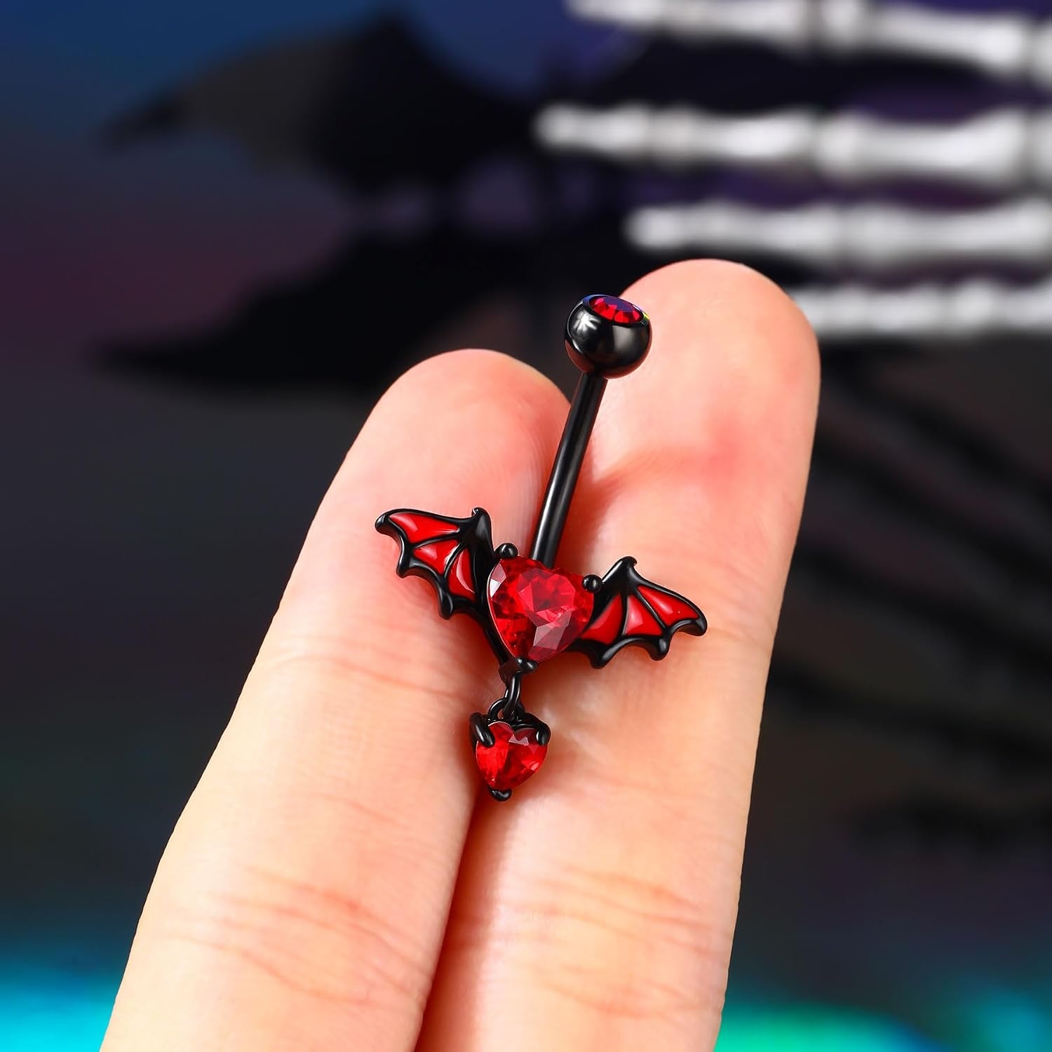 Bat Belly Button Ring Heart CZ Belly Rings 316L Surgical Steel Black Belly Button Piercing Jewelry 14G Dangle Belly Ring for Halloween