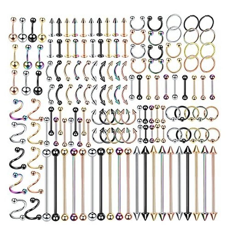 Oveta 150PCS Body Piercing Jewelry Lot 14G 16G 20G Stainless Assorted Styles