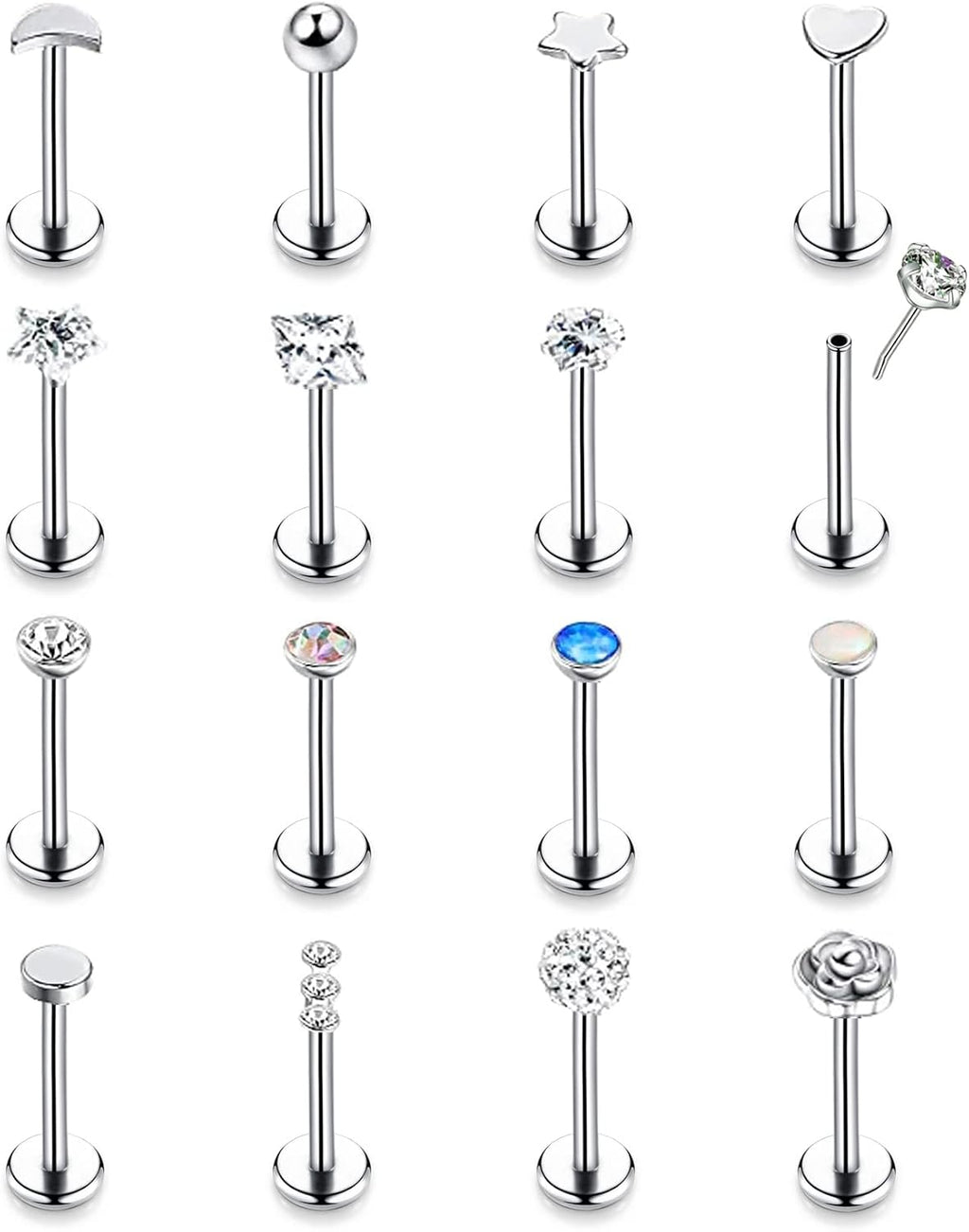 16PCS 16G 18G 20G Stainless Steel Threadless Push in Nose Stud Ring for Women Men Lip Ring CZ Flower Heart Cartilage Helix Earring Piercing Set