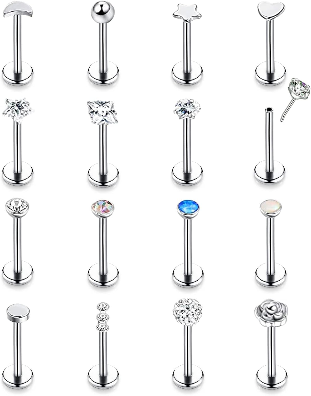 16PCS 16G 18G 20G Stainless Steel Threadless Push in Nose Stud Ring for Women Men Lip Ring CZ Flower Heart Cartilage Helix Earring Piercing Set