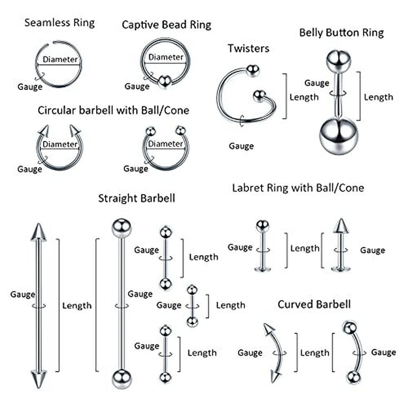 Oveta 150PCS Body Piercing Jewelry Lot 14G 16G 20G Stainless Assorted Styles