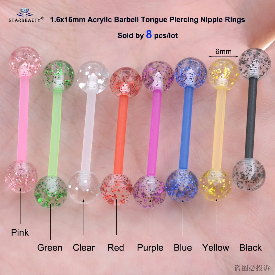 8Pcs/Lot Soft Acrylic Barbell Sexy Tongue Piercing Tongue Rings Flashing Powder Plastic Nipple Ring Ear Body Jewelry