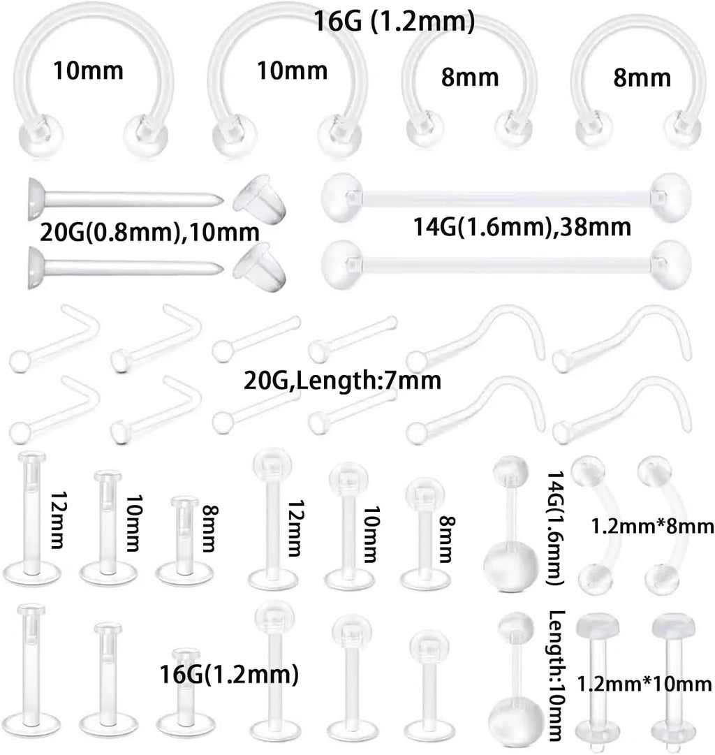 Clear Nose Studs，38Pcs Septum Rings,Piercing Retainers,Clear Earrings,Industrial Piercing Jewelry,Plastic Nose Rings for Surgery,Eyebrow Nipple Piercing Jewelry.