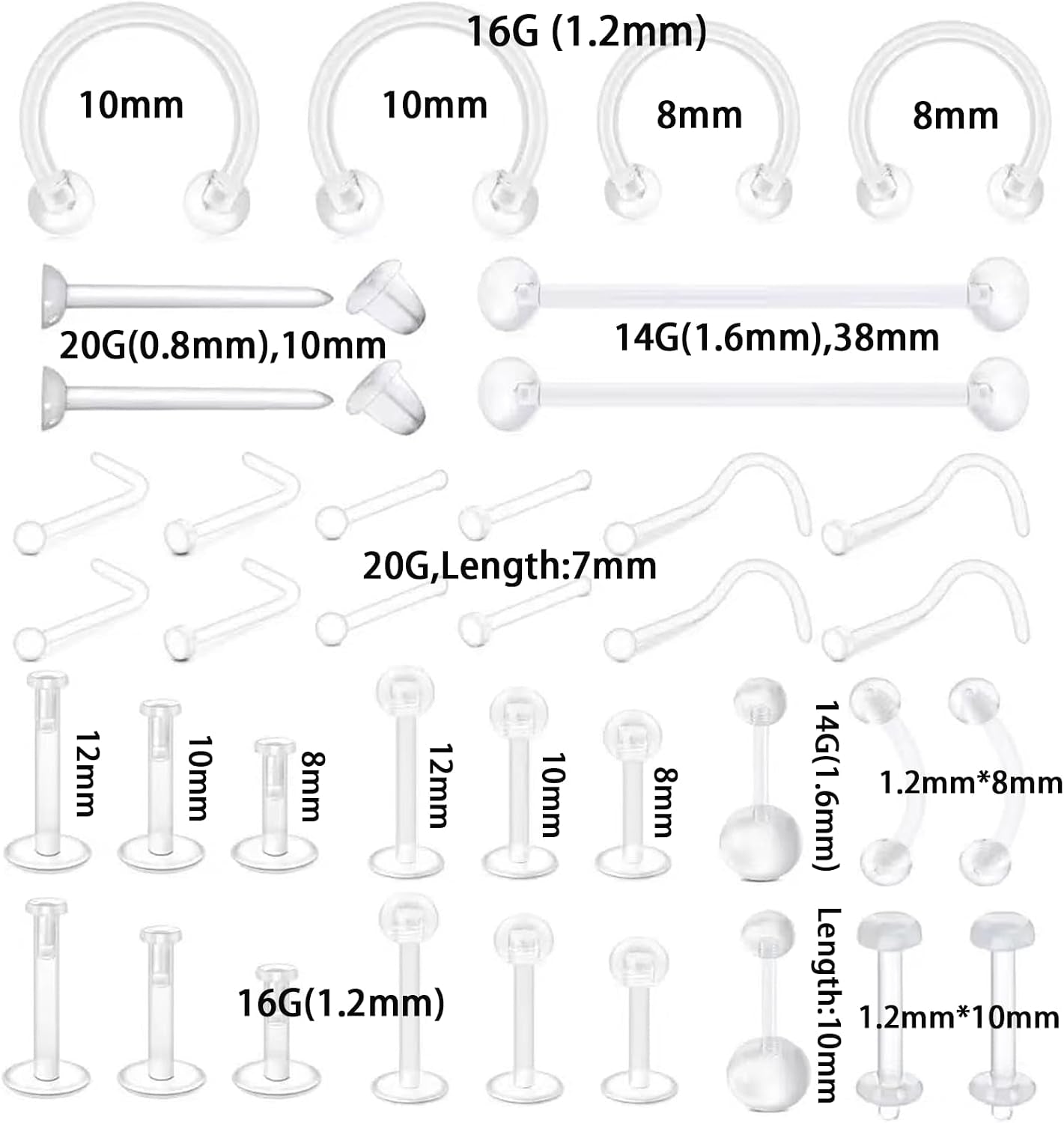 Clear Nose Studs，38Pcs Septum Rings,Piercing Retainers,Clear Earrings,Industrial Piercing Jewelry,Plastic Nose Rings for Surgery,Eyebrow Nipple Piercing Jewelry.